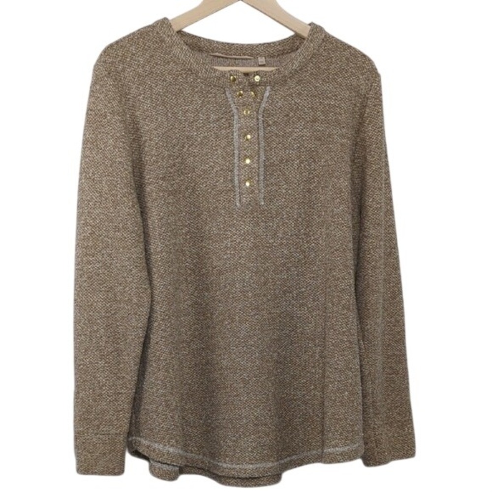 Soft Surroundings Tan Henley XL Long Sleeve Sweater Gold Buttons‎ Warm Cozy Fall